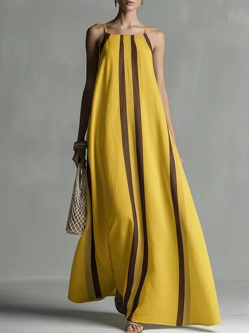 Unbranded Yellow Halter Maxi Dress with Brown Stripe Detail